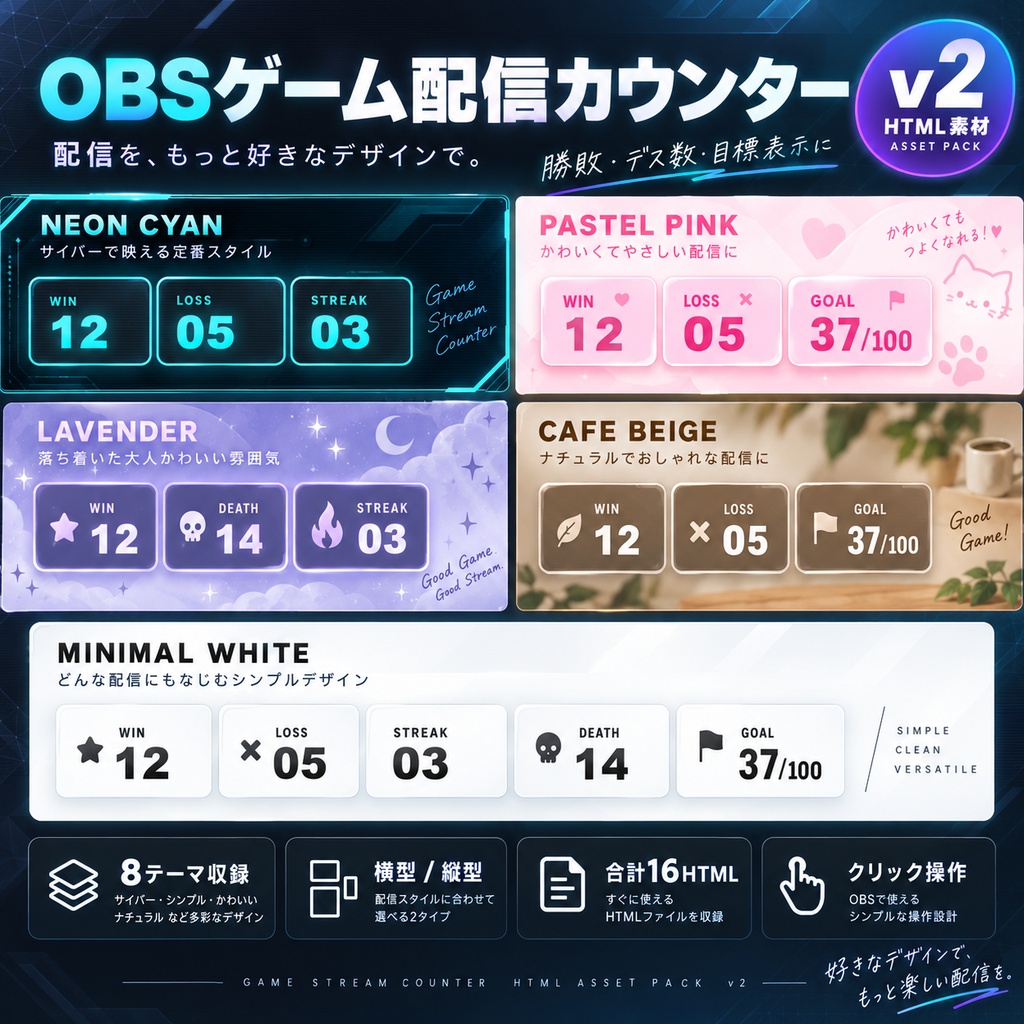 OBSゲーム配信カウンター｜8テーマ×2レイアウト｜勝敗・デス数・目標表示【HTML素材】