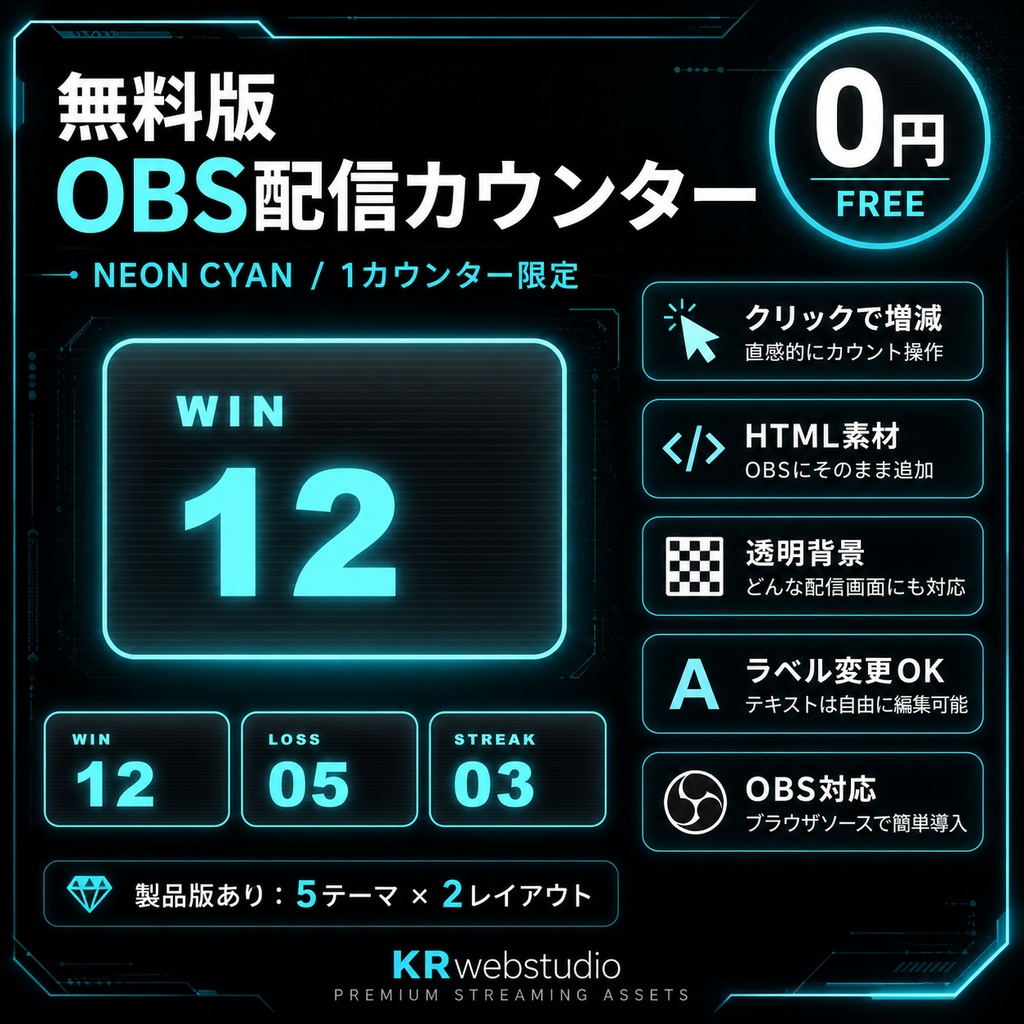 【無料版】OBS配信カウンター｜NEON CYAN｜クリック操作対応【HTML素材】