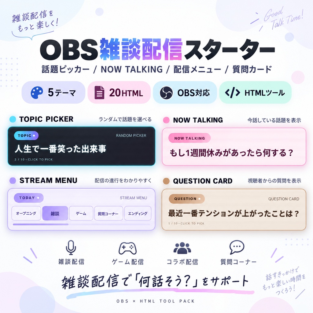 【OBS雑談配信】話題切れ対策スターターセット｜話題ピッカー・質問カードなど20種【HTML配信素材】