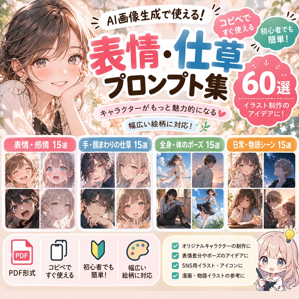 【AI画像生成用】表情・仕草プロンプト60選｜イラスト制作に使えるコピペ素材