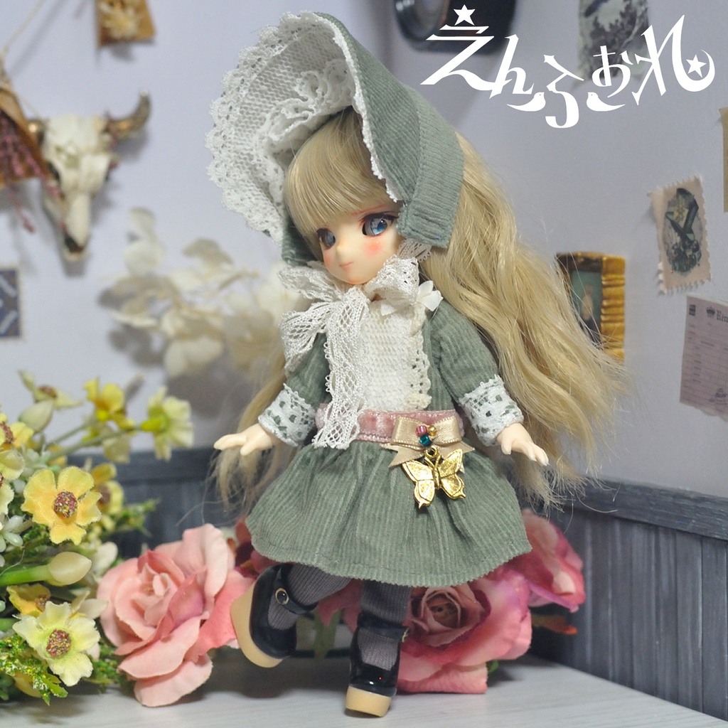 【オビツ11】コーデュロイのローウエストワンピースセット*緑