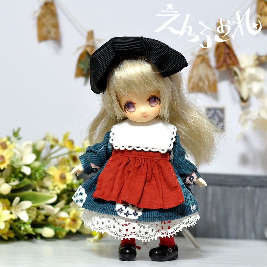 【オビツ11】コーデュロイの重ね着セット＊赤エプロン