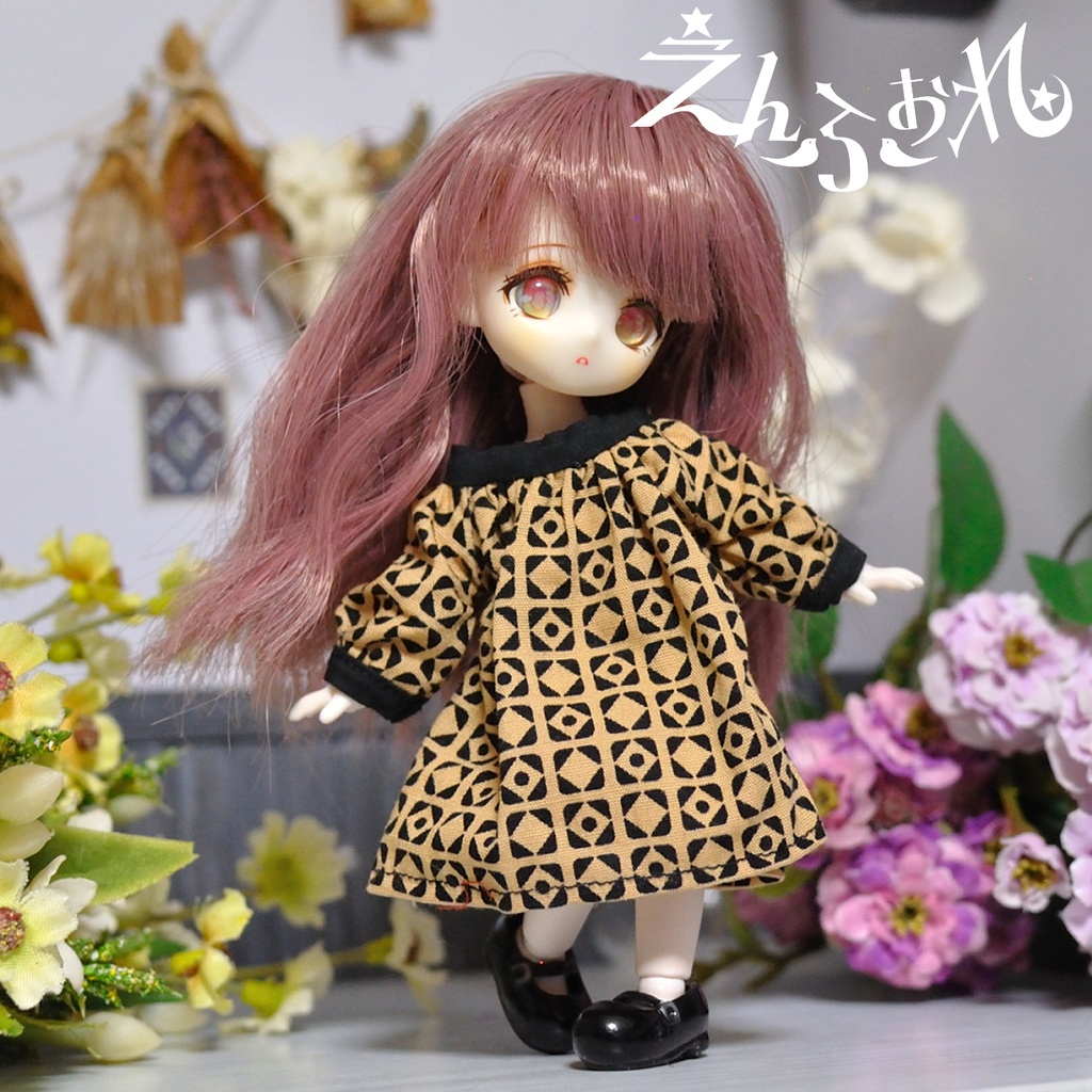 【オビツ11】ナチュラルスモックワンピース*幾何学バイカラー