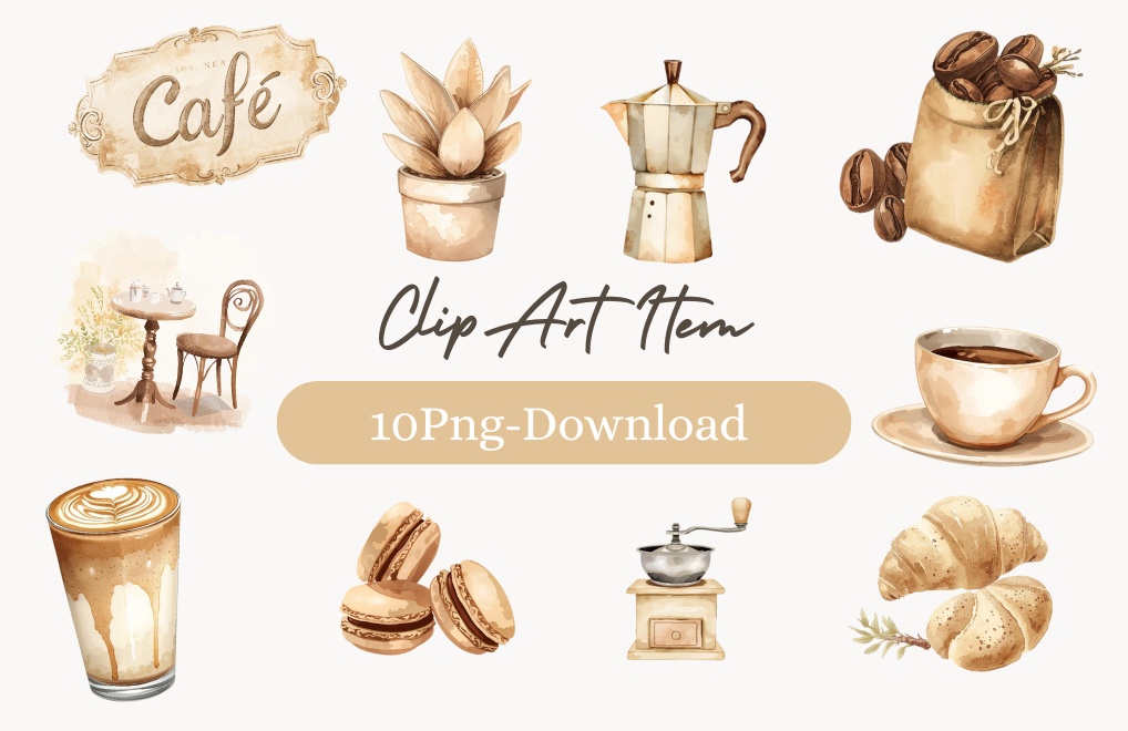 【大人可愛いカフェシリーズ】水彩アンティーク風クリップアート10点セット（PNG透過）