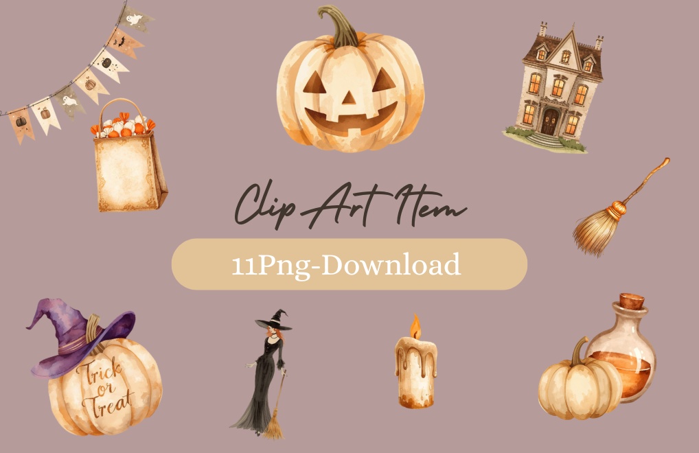 【大人可愛いハロウィンシリーズ】水彩アンティーク風クリップアート11点セット（背景透過PNG）