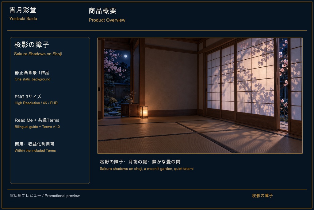 【VTuber・配信背景】桜影の障子 / Sakura Shadows on Shoji|和室・桜・月夜|4K・FHD PNG
