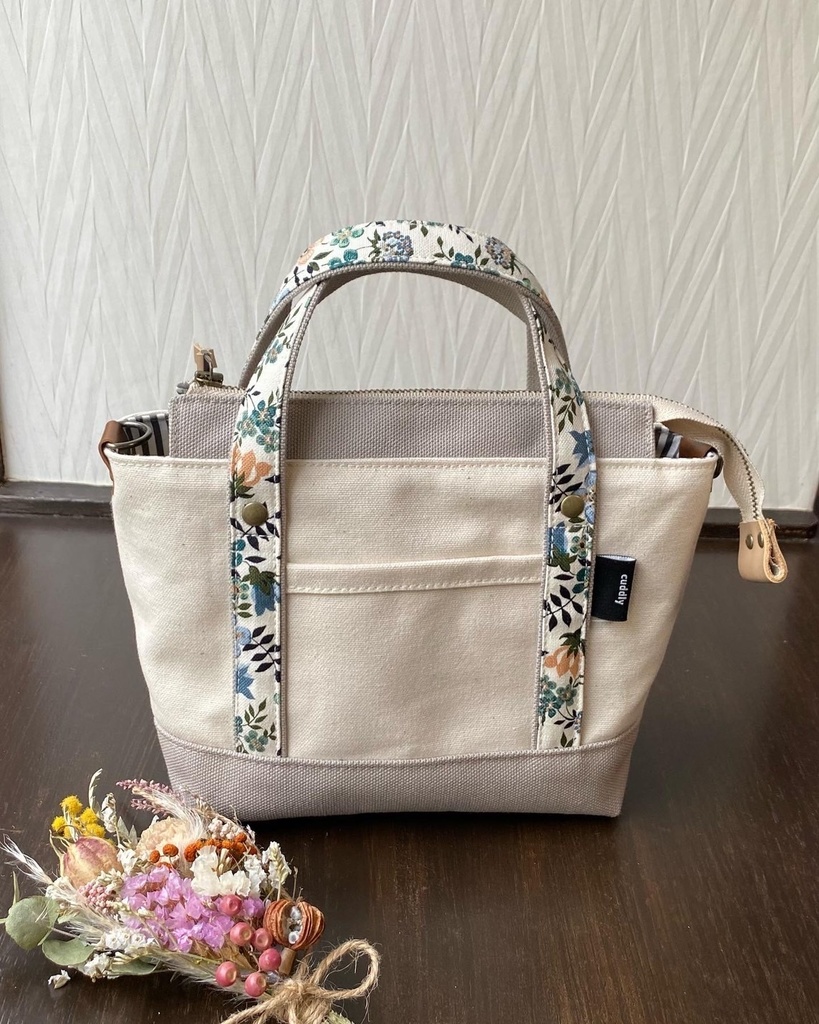 花柄持ち手の帆布ミニマムトート（グレー）