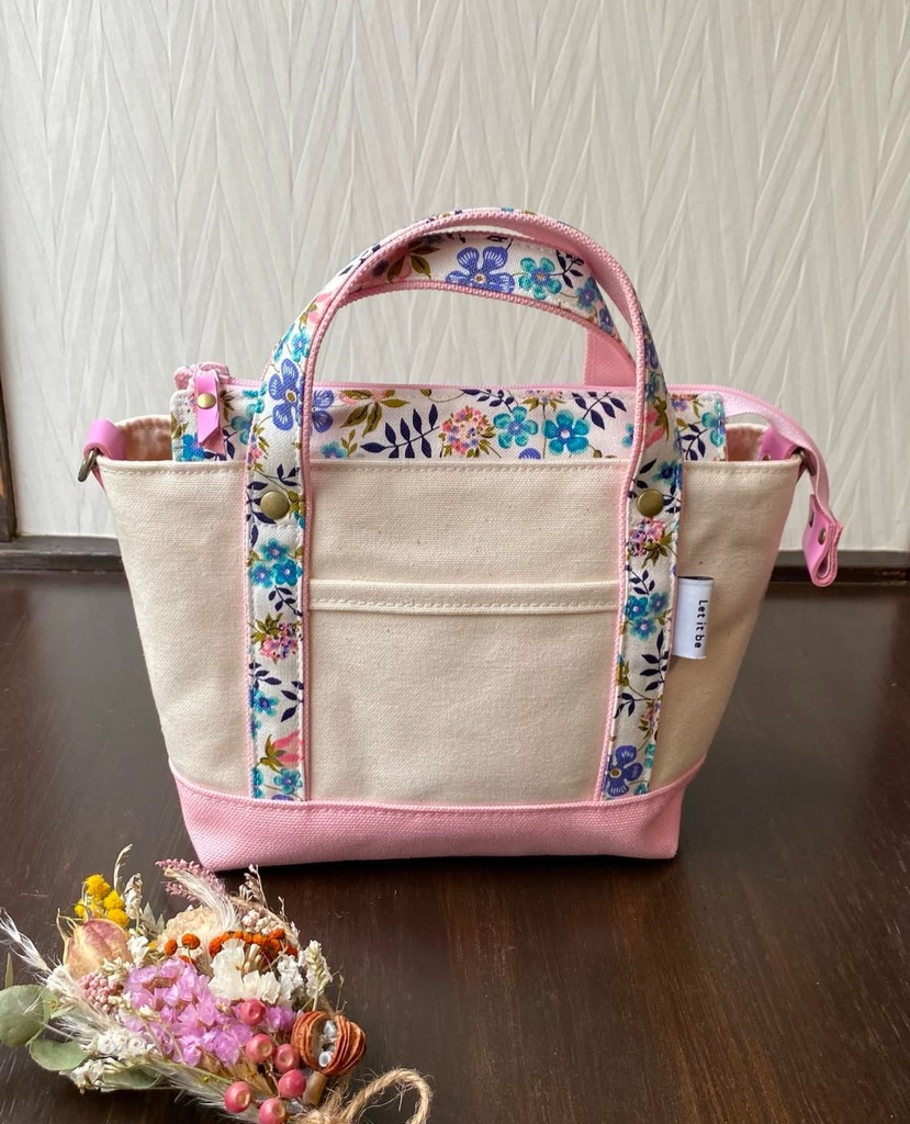 花柄持ち手の帆布ミニマムトート（ピンク）