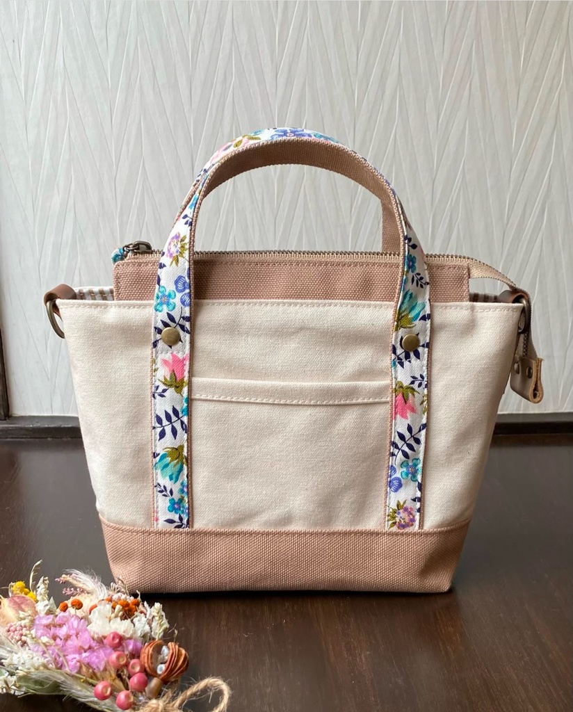 花柄持ち手の帆布ミニマムトート（ベージュ）