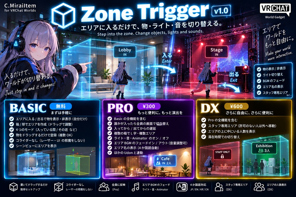 【VRChat】Zone Trigger - エリアに入るだけで物・ライト・音を切り替える エリア判定ギミック【Basic無料 / Pro / DX】