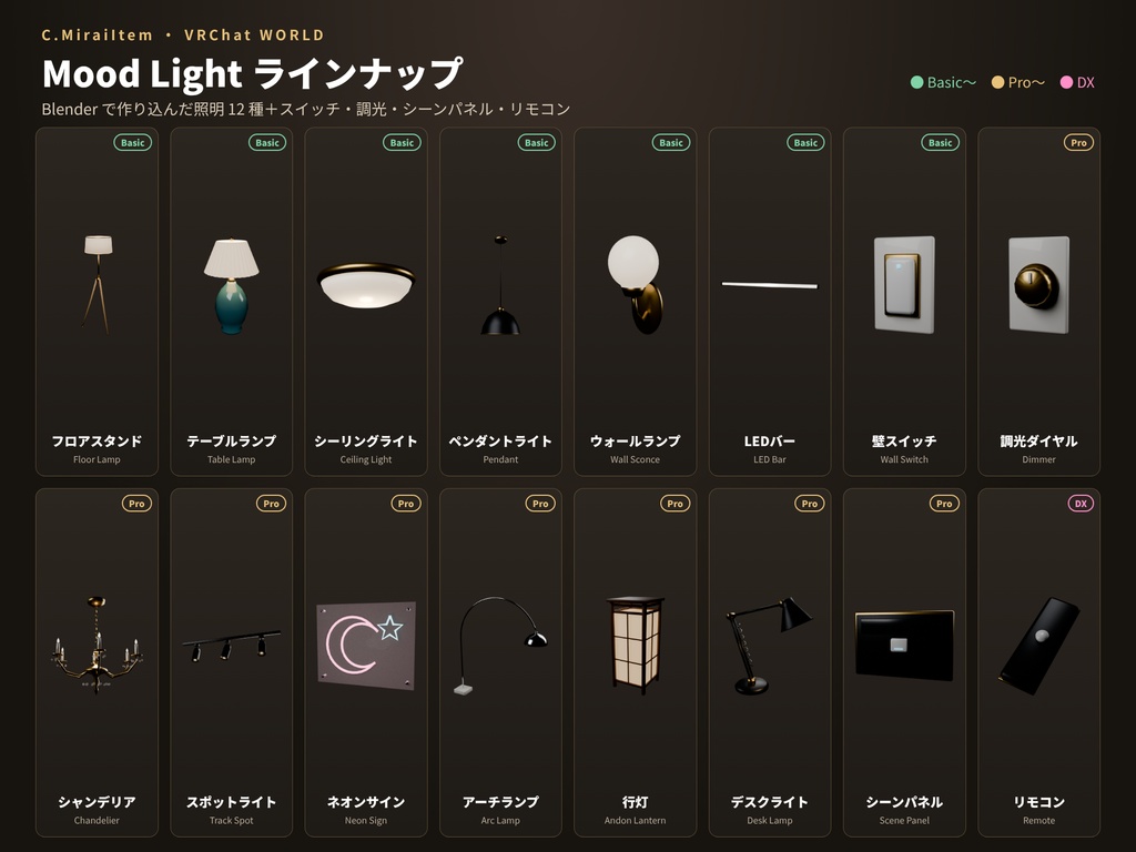 【VRChat】Mood Light - 作り込んだ照明セット 壁スイッチ・調光・シーン切り替え【Basic / Pro / DX】