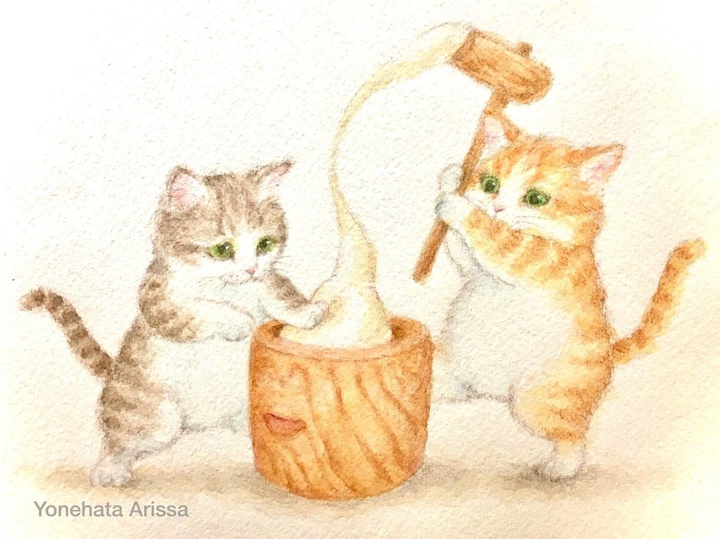 原画作品「餅つきする猫」