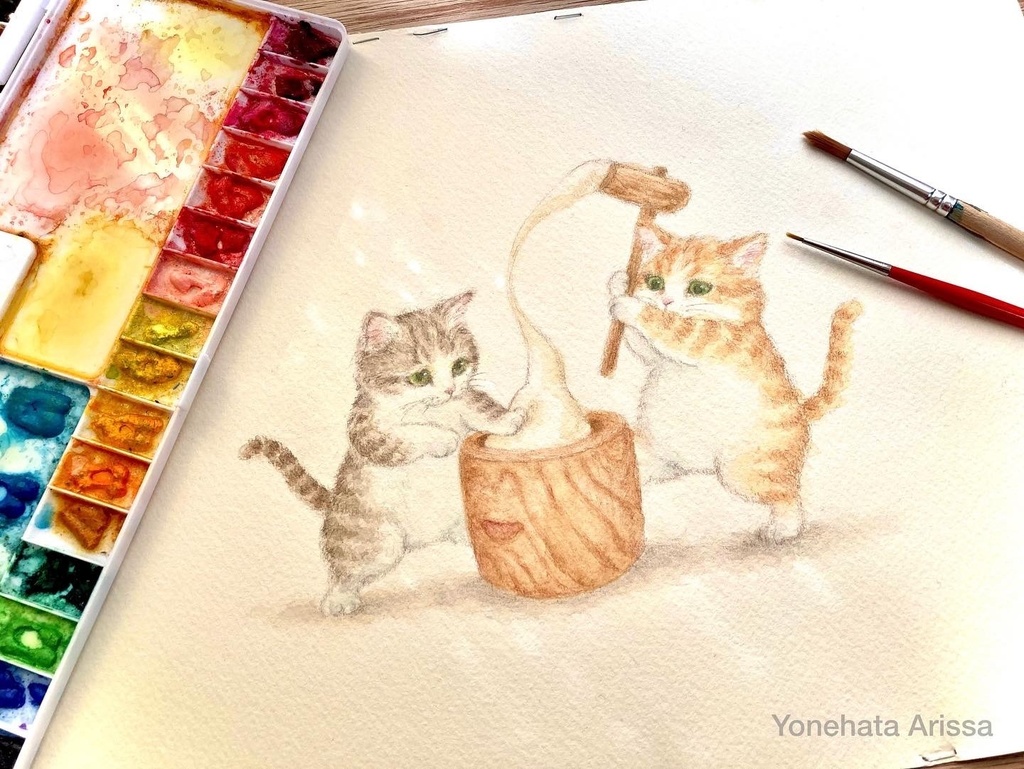 原画作品「餅つきする猫」