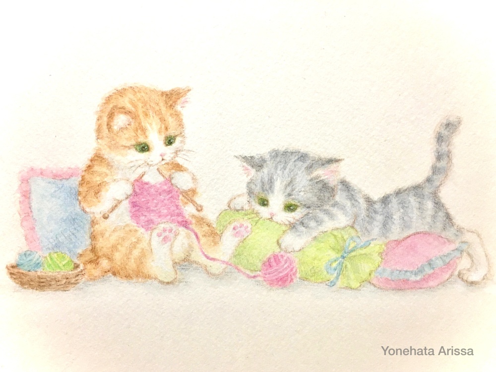 原画作品「編み物をする猫」
