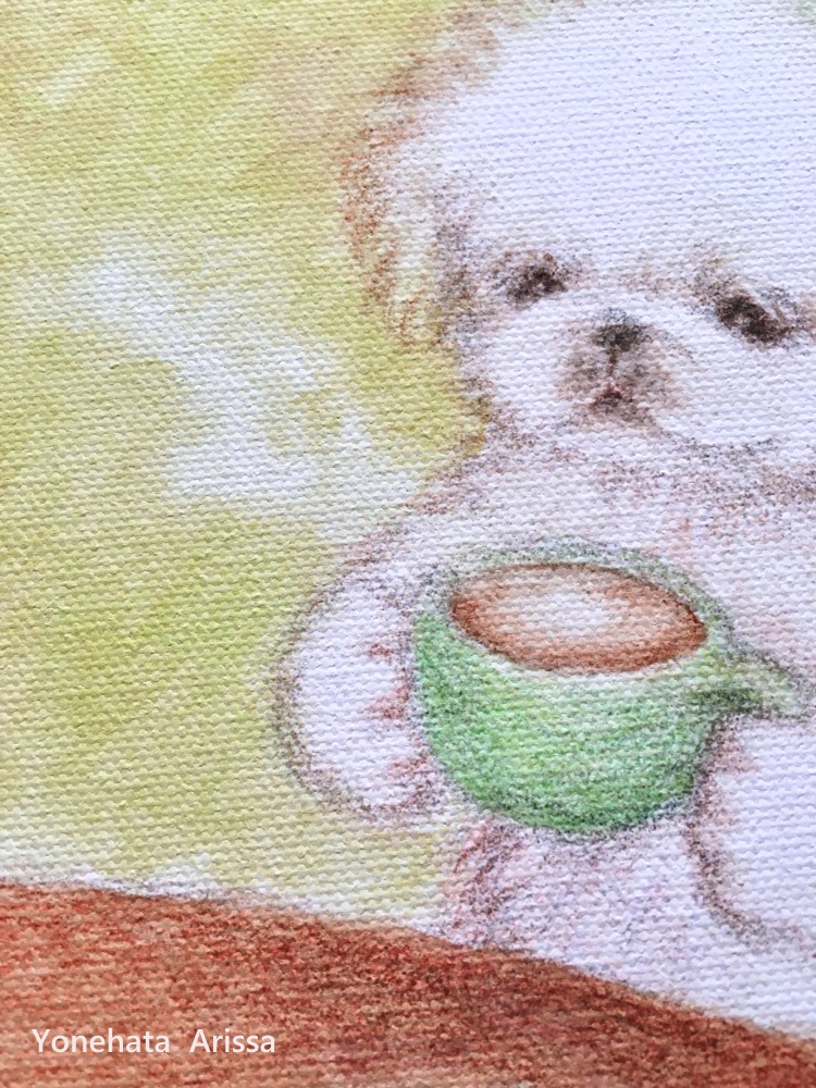 複製画「ペキニーズのカフェタイム」キャンバスS0サイズ