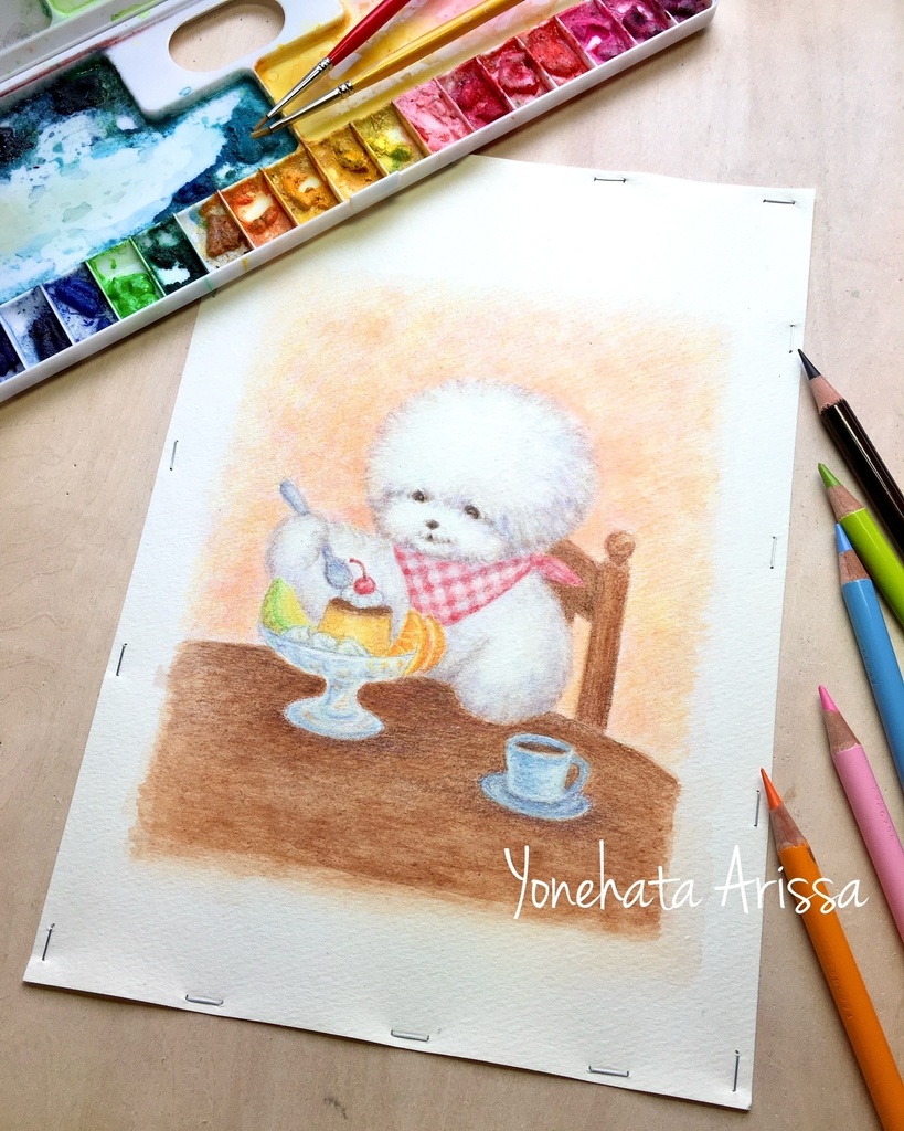 原画作品「ビションフリーゼとプリンアラモード」