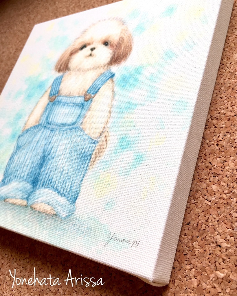 複製画「ヒッコリー柄のオーバーオールシーズー」キャンバスS0サイズ