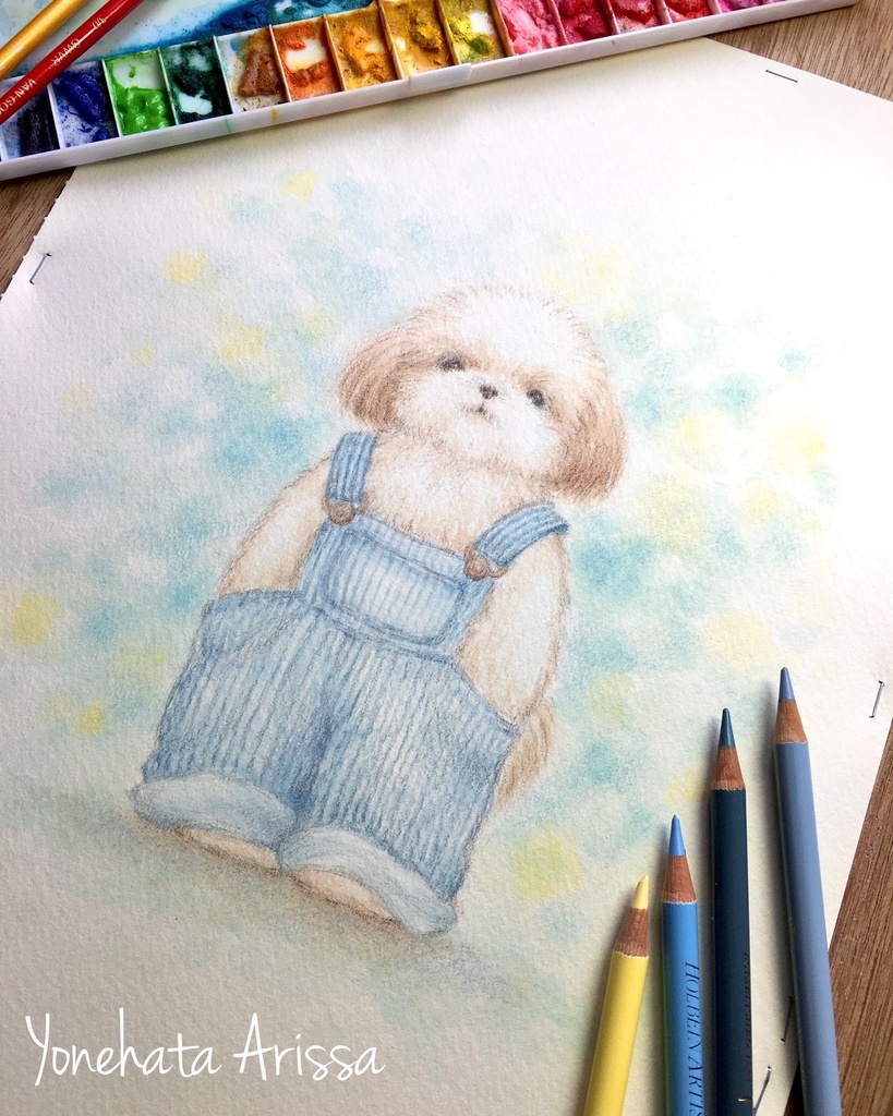 複製画「ヒッコリー柄のオーバーオールシーズー」キャンバスS0サイズ