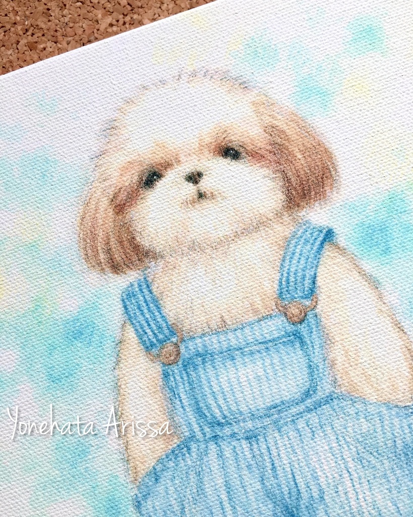 複製画「ヒッコリー柄のオーバーオールシーズー」キャンバスS0サイズ