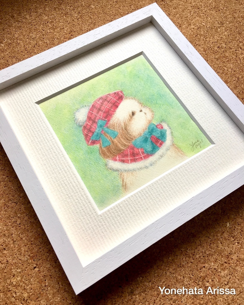 原画作品「赤いチェック柄のベレー帽のシーズー」