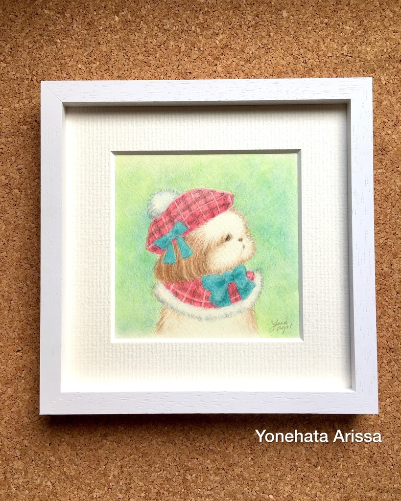 原画作品「赤いチェック柄のベレー帽のシーズー」