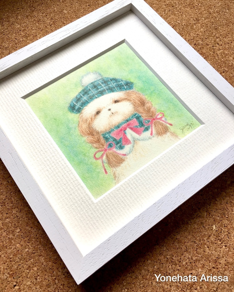 原画作品「緑のチェック柄のベレー帽のシーズー」