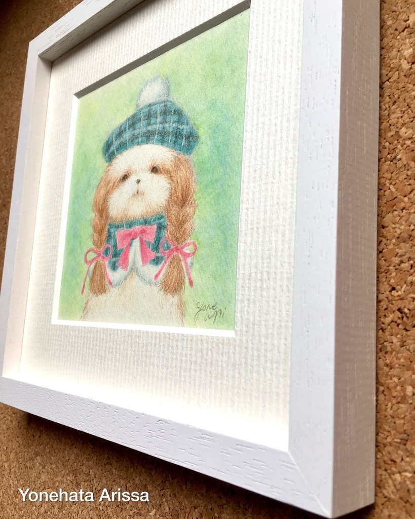 原画作品「緑のチェック柄のベレー帽のシーズー」