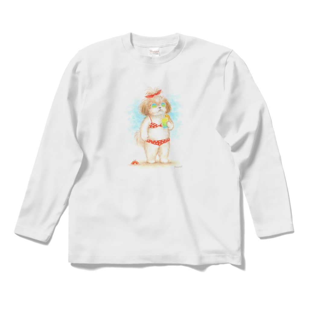 ロングスリーブTシャツ「サングラスのビキニシーズー」ホワイト