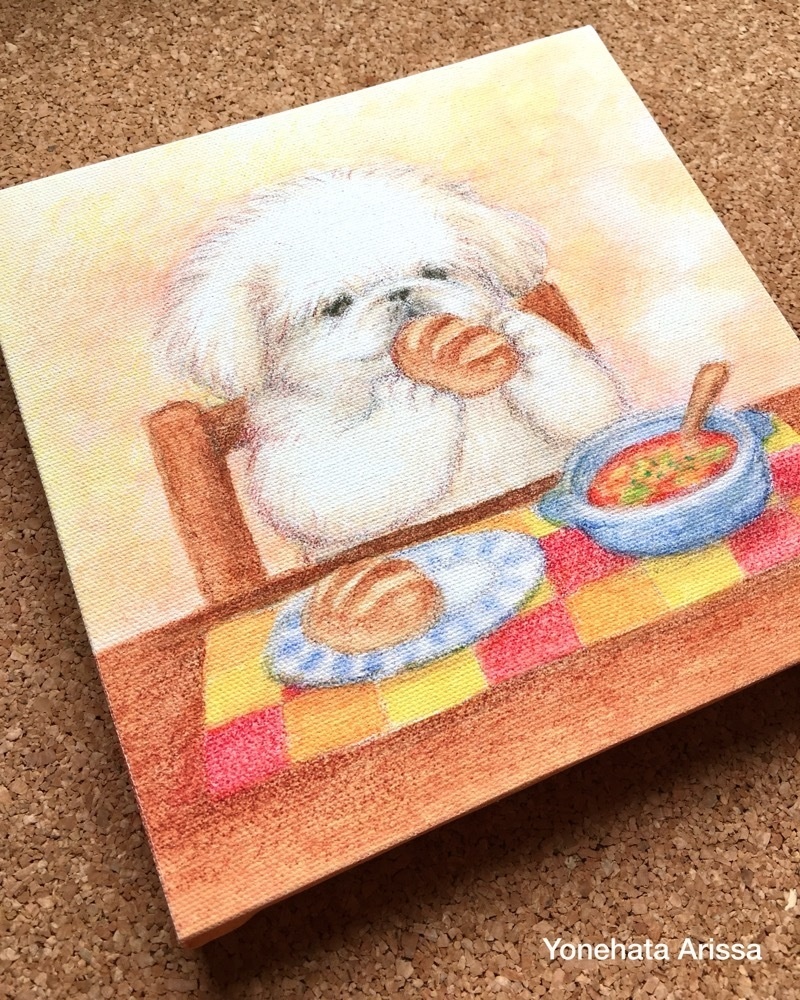 複製画「ペキニーズとパンとミネストローネ」キャンバスS0サイズ