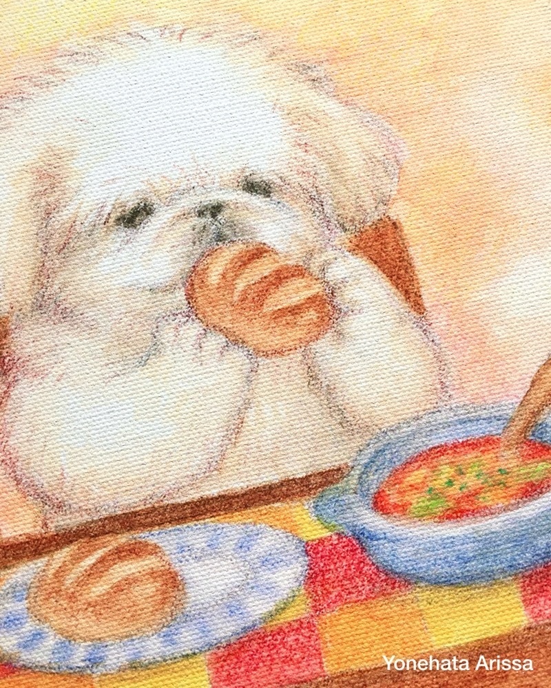 複製画「ペキニーズとパンとミネストローネ」キャンバスS0サイズ