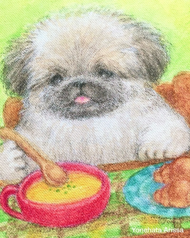 複製画「ペキニーズとパンとポタージュスープ」キャンバスS0サイズ
