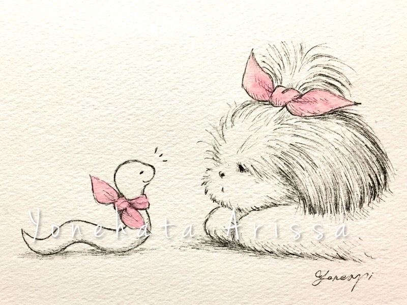 原画作品「おそろいリボンのヘビとシーズー」