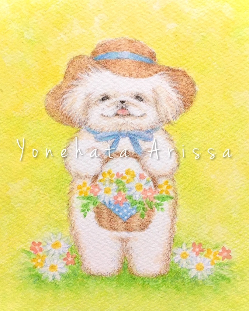 原画作品「ペキニーズとお花のバスケット」