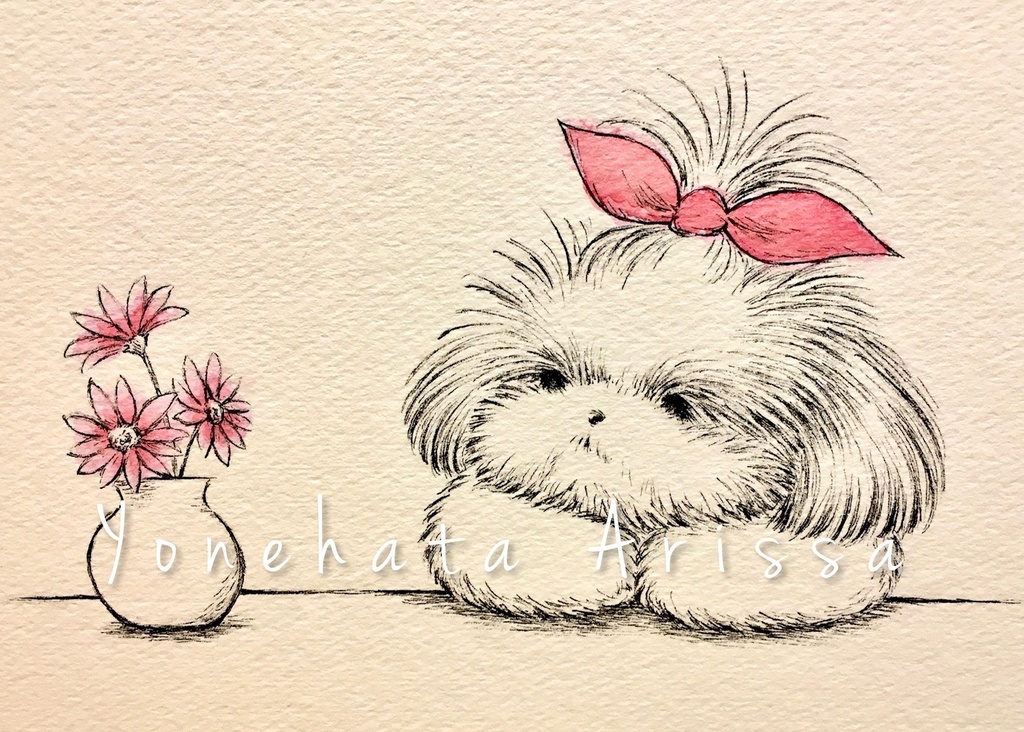 原画作品「花瓶を見つめるシーズー」
