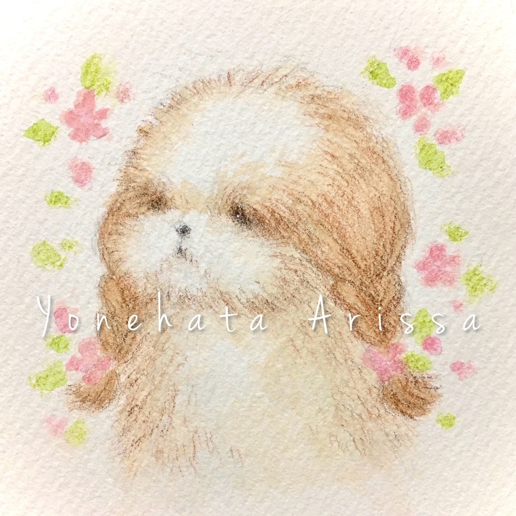 原画作品「ピンクのお花とおさげシーズー」