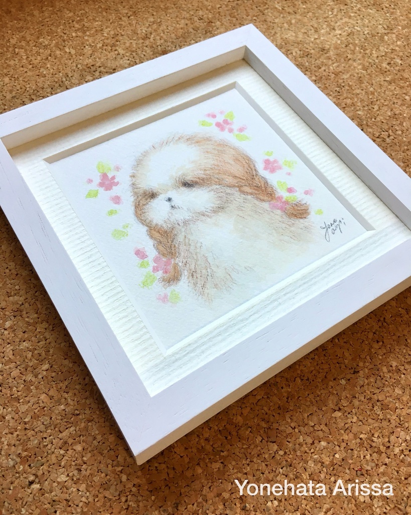 原画作品「ピンクのお花とおさげシーズー」