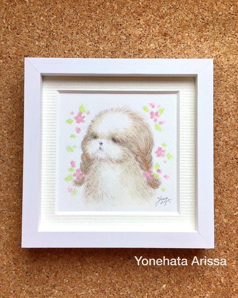 原画作品「ピンクのお花とおさげシーズー」