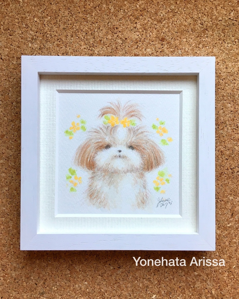 原画作品「黄色のお花とちょんまげシーズー」