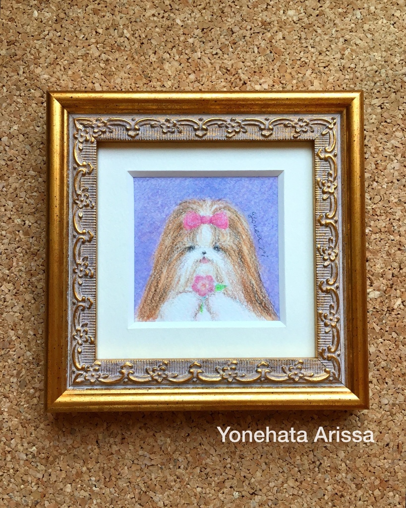 原画作品「お花とロングコートシーズー（ホワイト&ゴールド）」