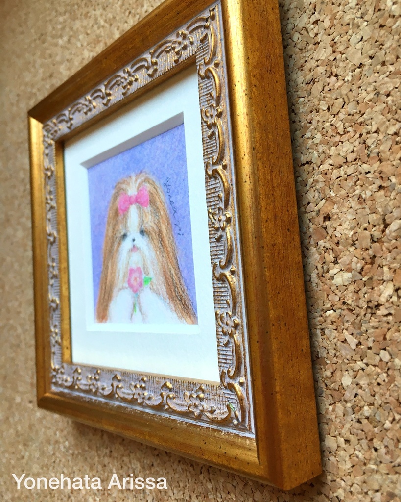 原画作品「お花とロングコートシーズー(ホワイト&ゴールド)」