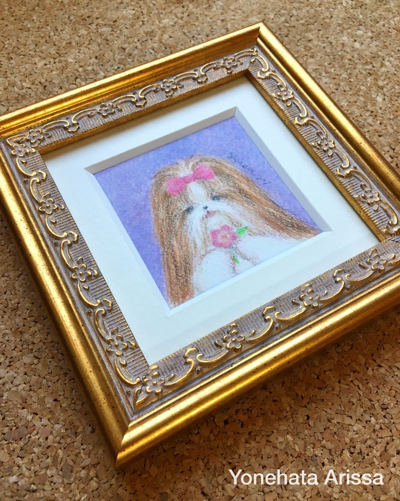 原画作品「お花とロングコートシーズー(ホワイト&ゴールド)」