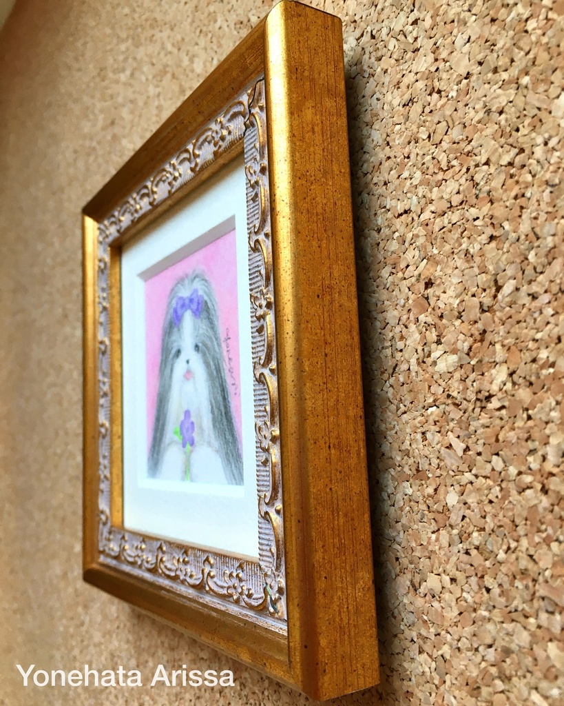 原画作品「お花とロングコートシーズー(ホワイト&ブラック)」