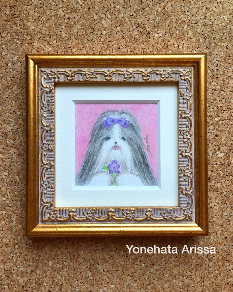 原画作品「お花とロングコートシーズー（ホワイト&ブラック）」