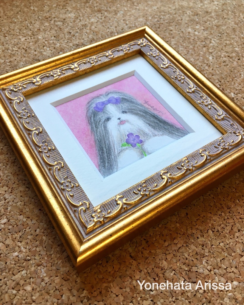 原画作品「お花とロングコートシーズー(ホワイト&ブラック)」