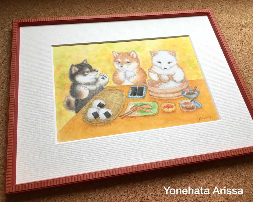 原画作品「おにぎりを作る柴犬たち」