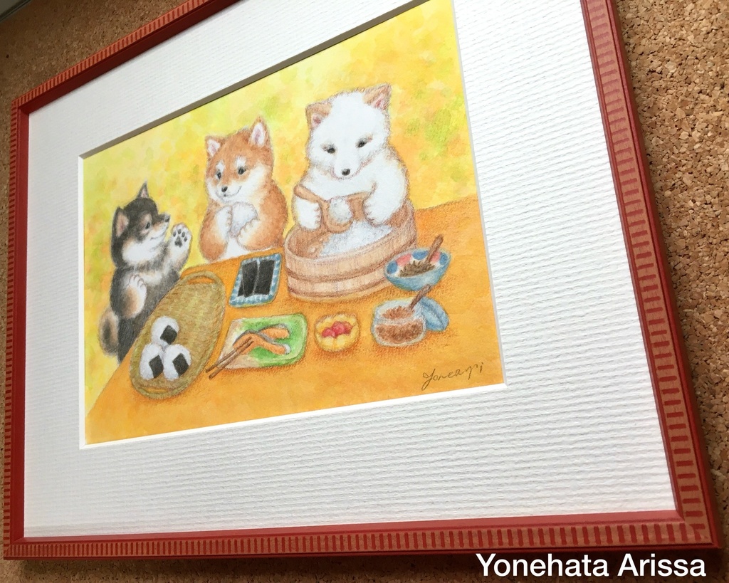 原画作品「おにぎりを作る柴犬たち」