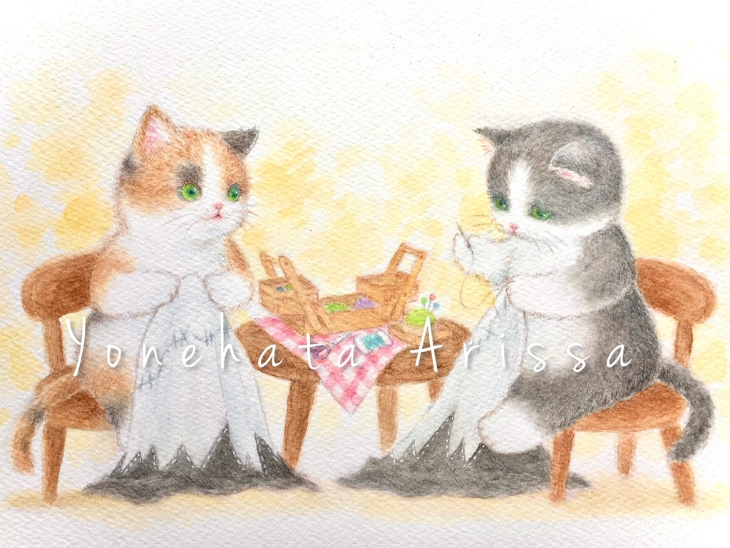 原画作品「ハロウィンの衣装を作る猫たち」