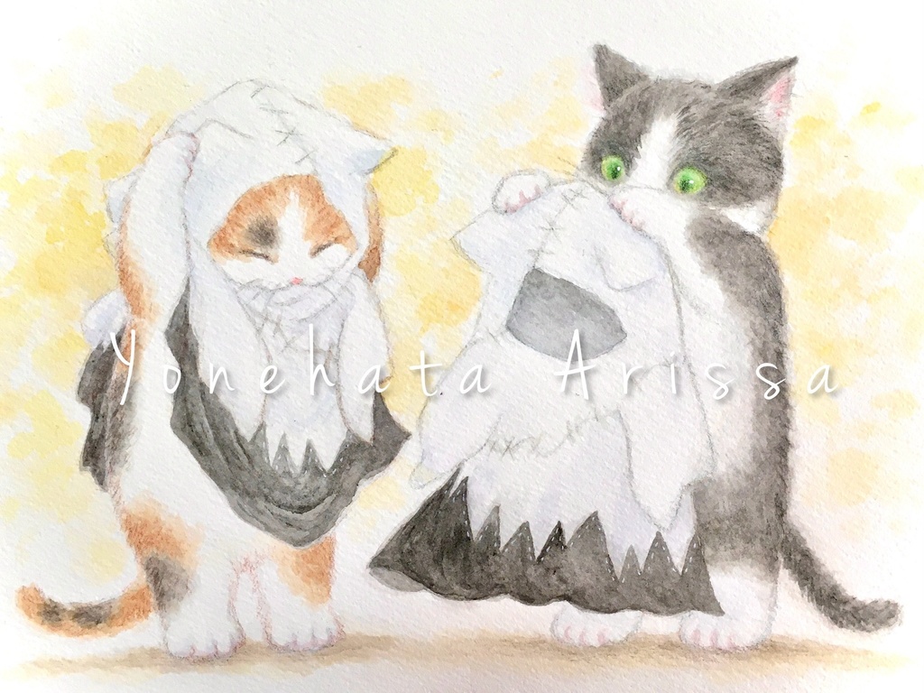 原画作品「ハロウィンの衣装を着る猫たち」