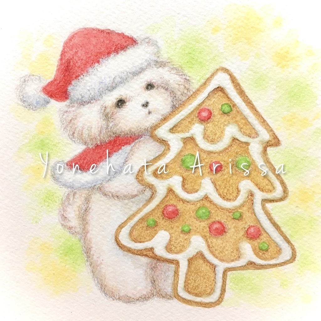 原画作品「ホワイトトイプードルとクリスマスツリーのクッキー」