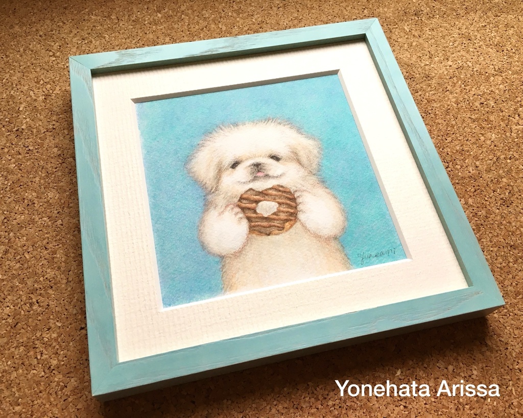 原画作品「ホワイトペキニーズとドーナツ」